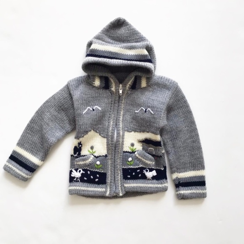 Hand knit farm scene hooded sweater fits like 2/3T